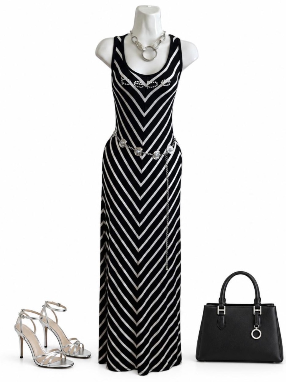 Bebe Black White Chevron Stripe Maxi Dress Size M